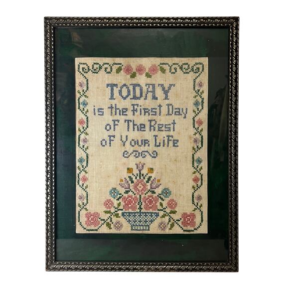 Vintage Today is the First Day Flower Basket Cross Stitch Sampler Completed - Picture 1 of 11